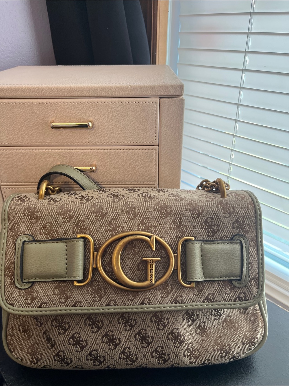 Guess Taupe Monogram Shoulder Bag with Gold G Emblem
